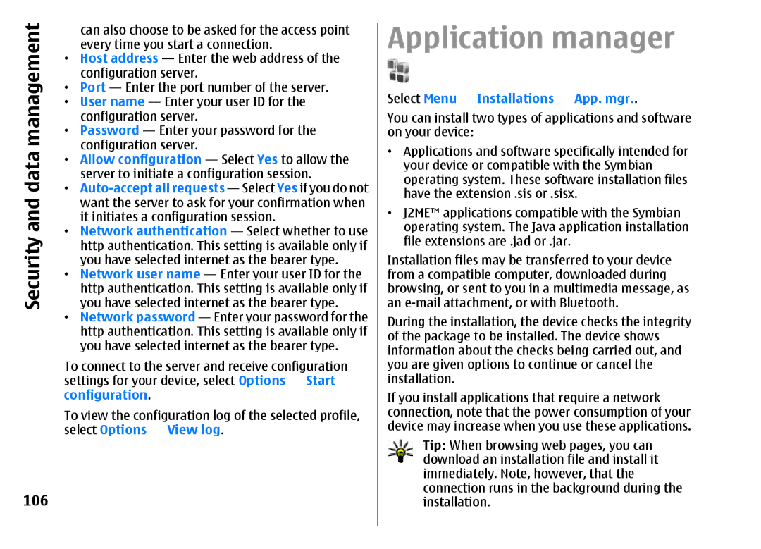 Nokia E51 Application manager, Security, 106, Allow configuration Select Yes to allow, Select Menu Installations App. mgr 