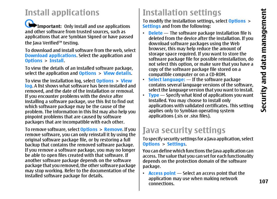 Nokia E51 manual Install applications, Installation settings, Java security settings, Management, 107 