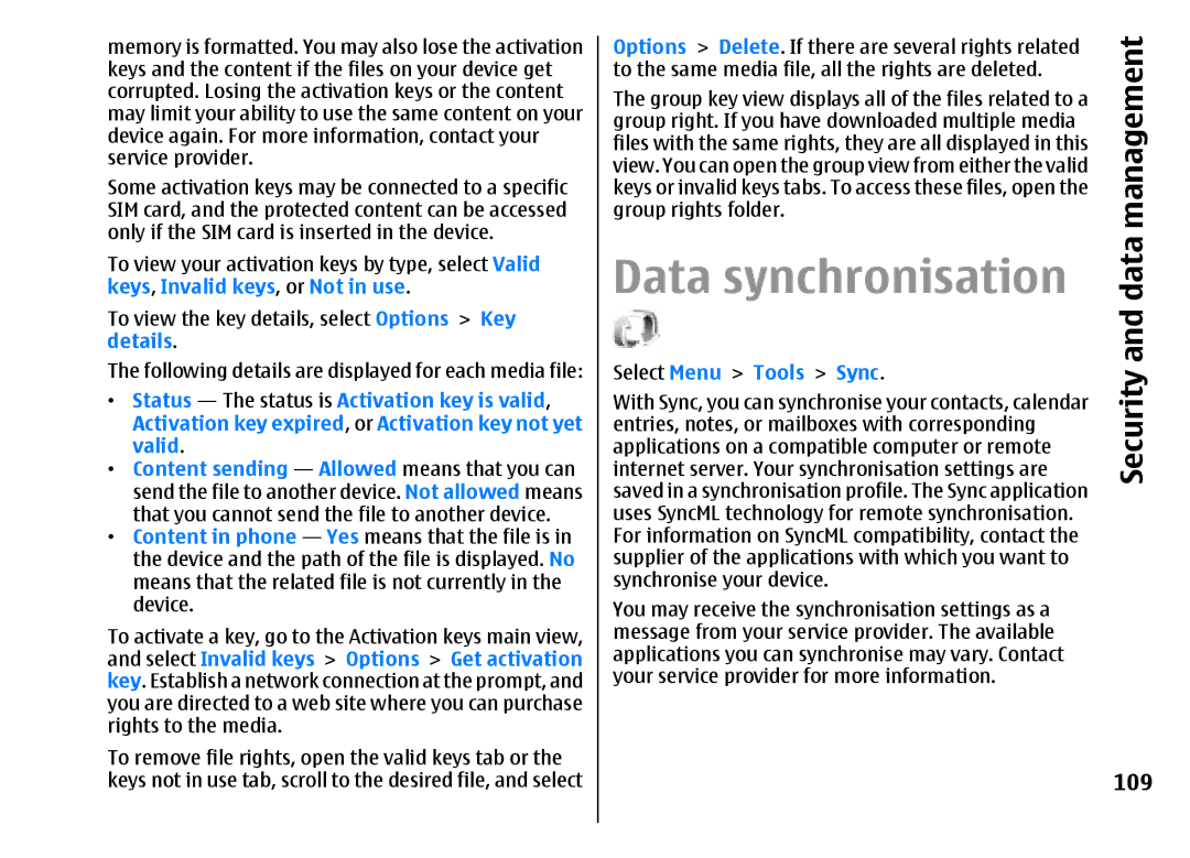 Nokia E51 manual Data synchronisation, Security, 109, Management, Select Menu Tools Sync 