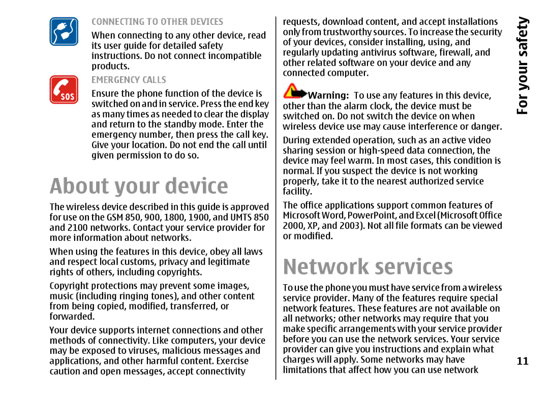 Nokia E51 manual About your device, Network services, Safety, For 