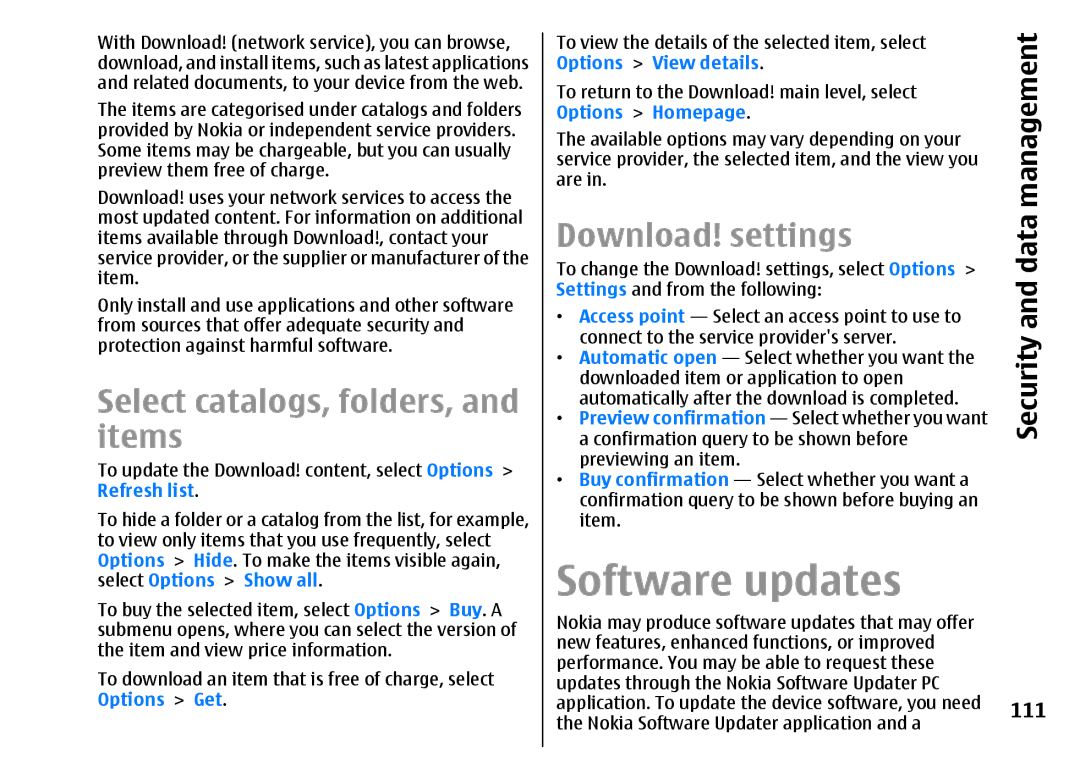 Nokia E51 manual Software updates, Select catalogs, folders, and items, Download! settings, 111 