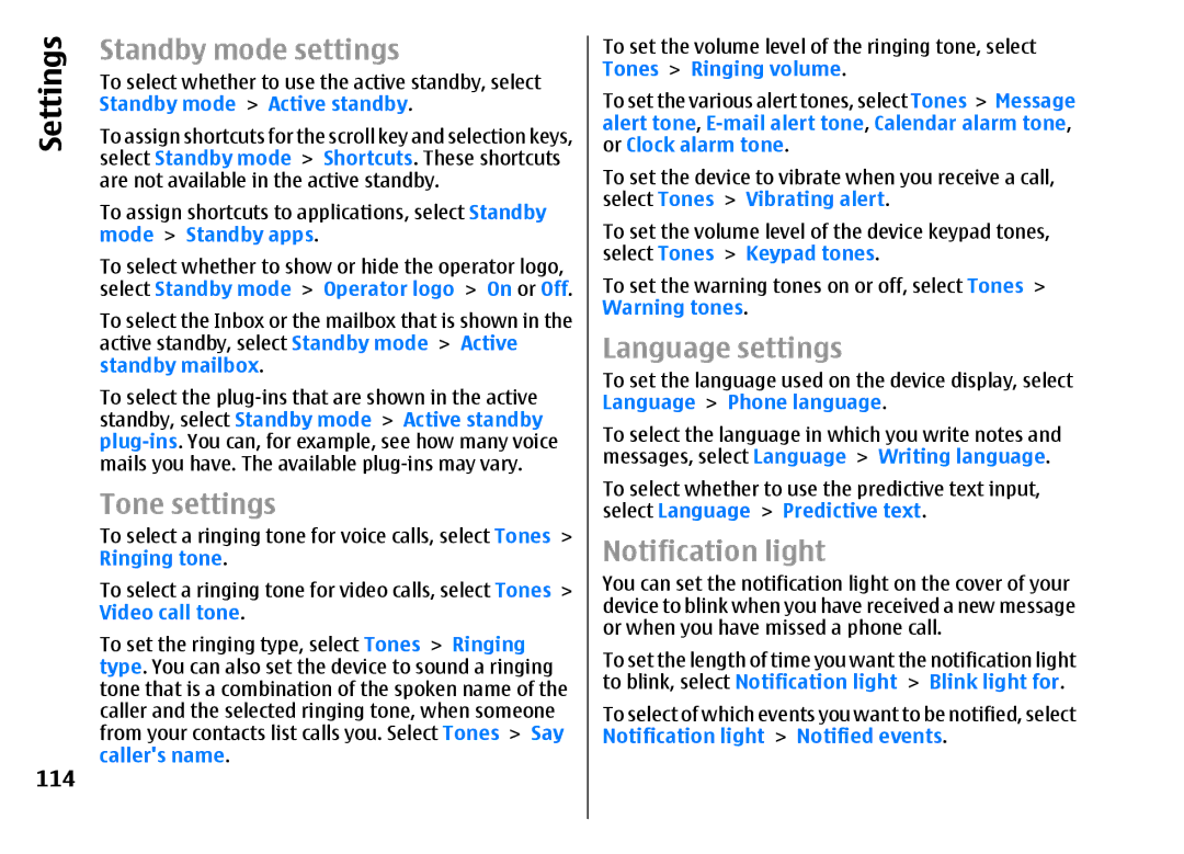 Nokia E51 manual Standby mode settings, Tone settings, Language settings, Notification light, 114 