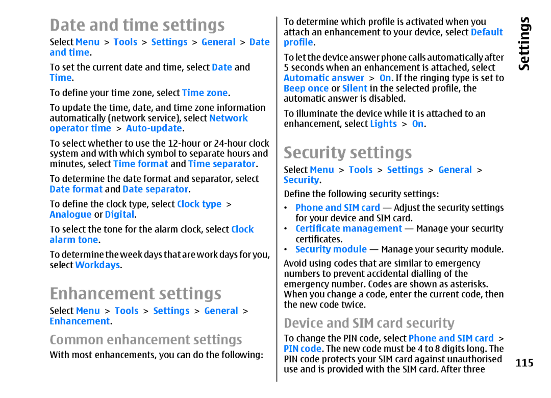 Nokia E51 manual Date and time settings, Enhancement settings, Security settings, Common enhancement settings 