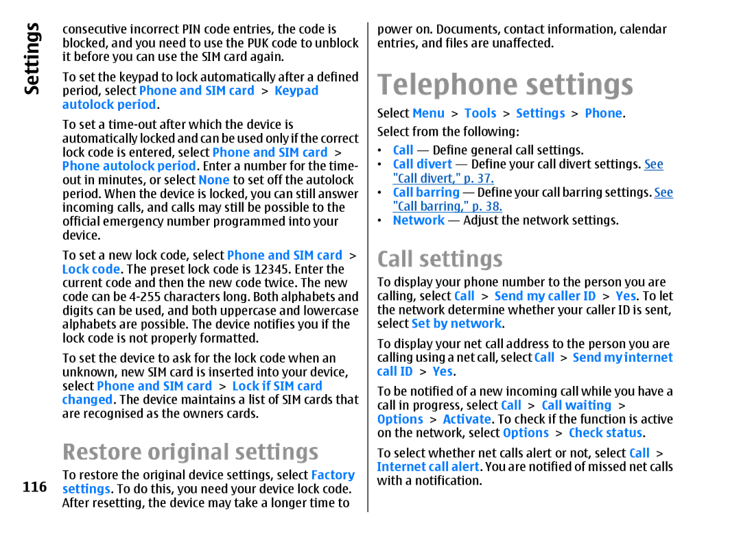 Nokia E51 manual Telephone settings, Restore original settings, Call settings 