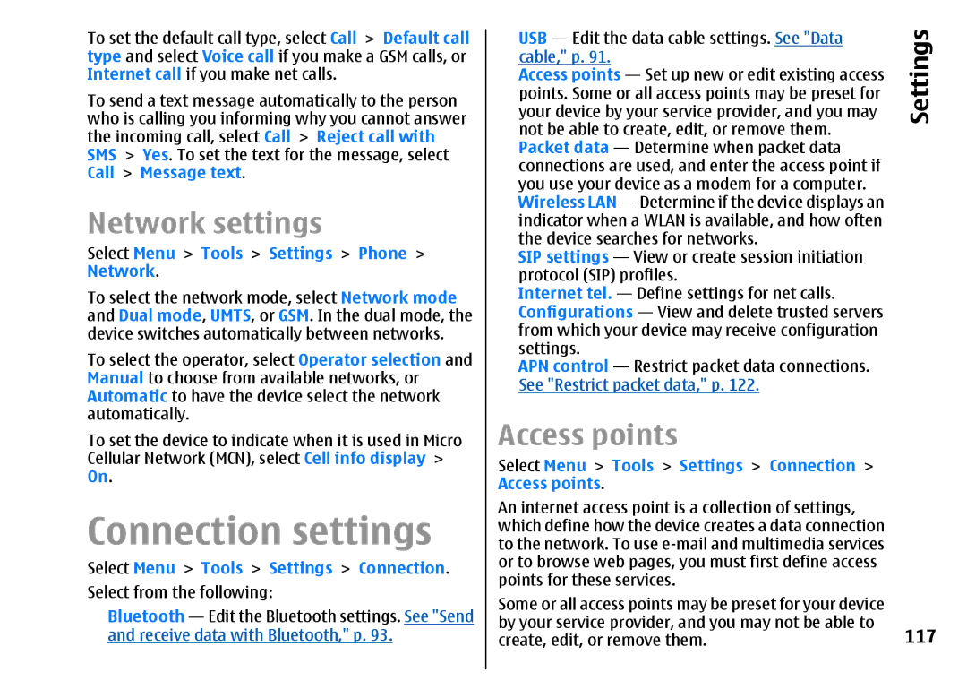 Nokia E51 manual Connection settings, Network settings, Access points, 117, Select Menu Tools Settings Phone Network 