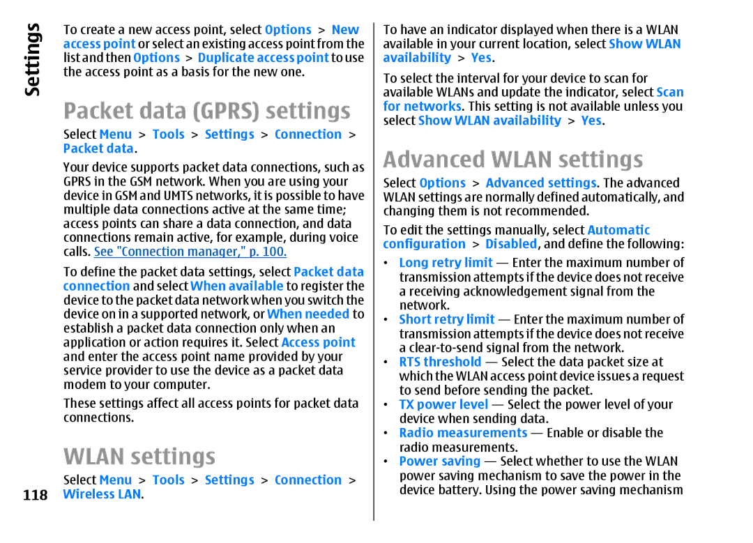 Nokia E51 manual Packet data Gprs settings, Advanced Wlan settings, 118 