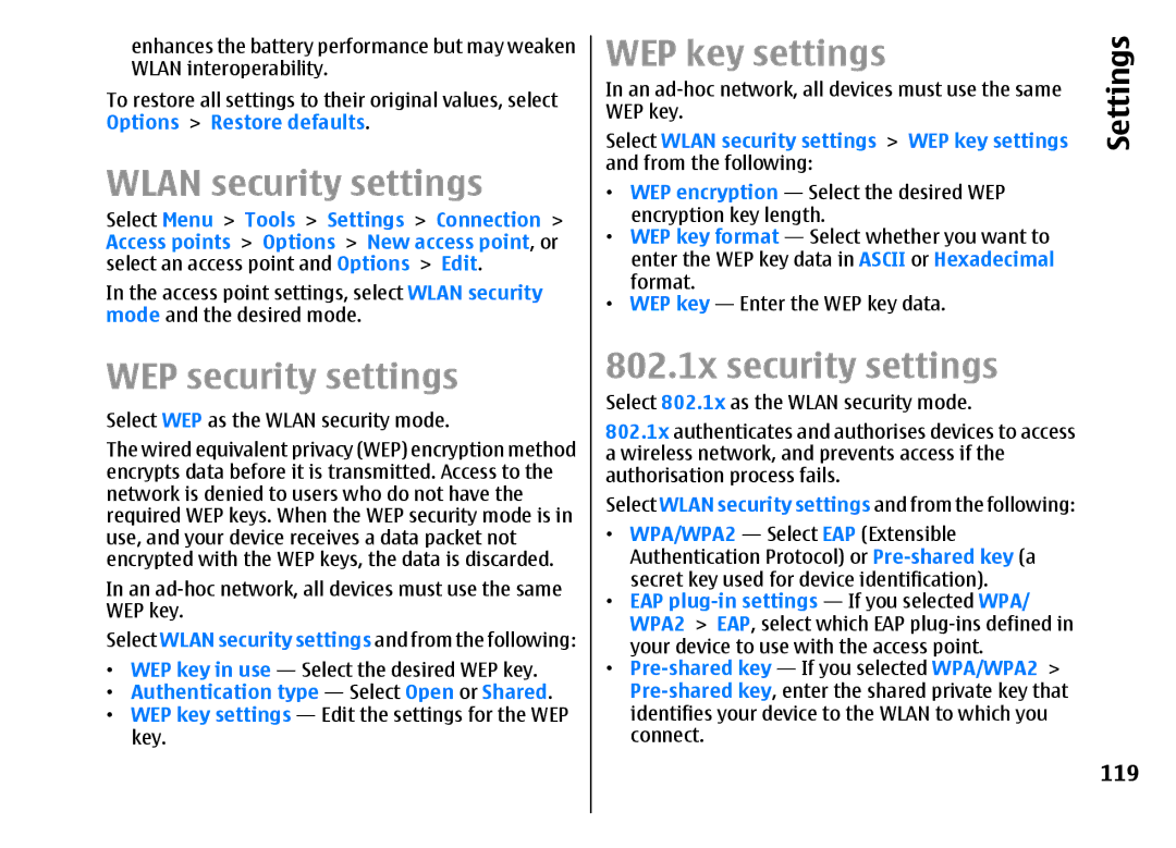 Nokia E51 manual Wlan security settings, WEP security settings, WEP key settings, 802.1x security settings, 119 