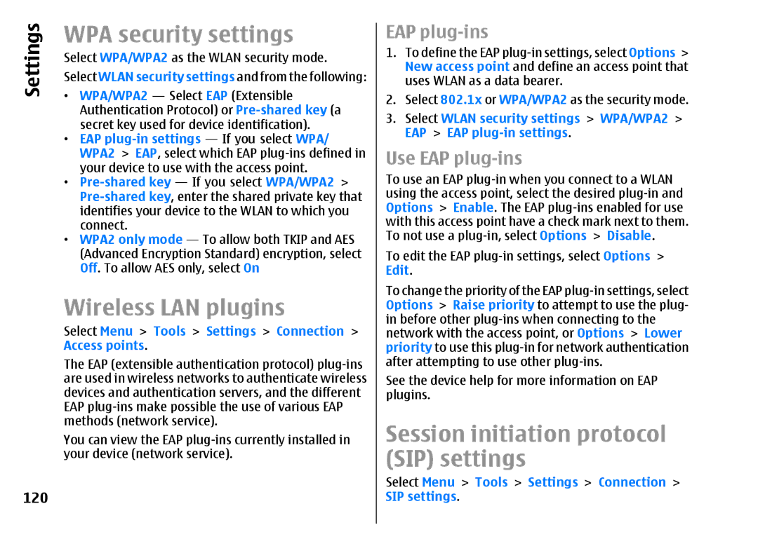 Nokia E51 manual WPA security settings, Wireless LAN plugins, Session initiation protocol SIP settings, EAP plug-ins 