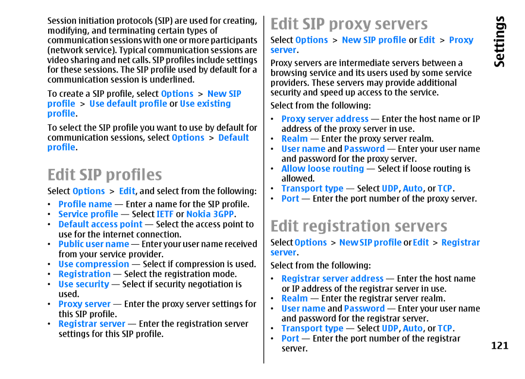 Nokia E51 manual Edit SIP profiles, Edit SIP proxy servers, Edit registration servers, 121 