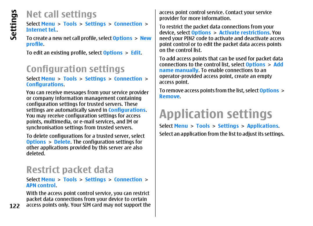 Nokia E51 manual Net call settings, Configuration settings, Restrict packet data, 122 