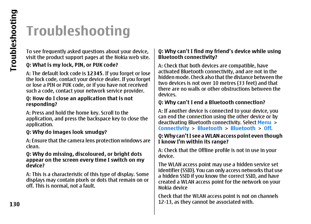 Nokia E51 manual Troubleshooting, Connectivity Bluetooth Bluetooth Off 