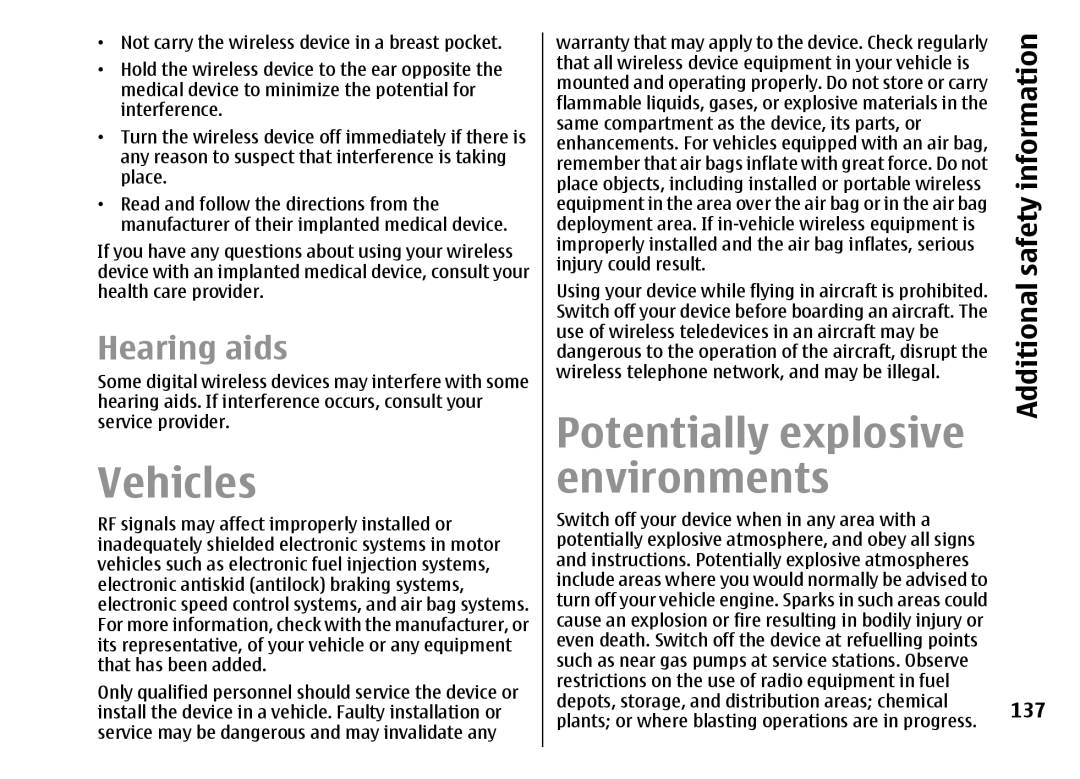 Nokia E51 manual Vehicles, Potentially explosive environments, Hearing aids, Additional safety information, 137 