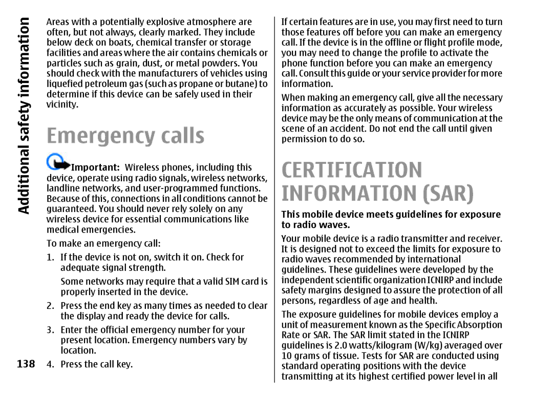 Nokia E51 manual Emergency calls, 138 