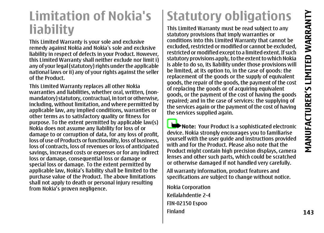 Nokia E51 manual Limitation of Nokias liability, Statutory obligations, 143 