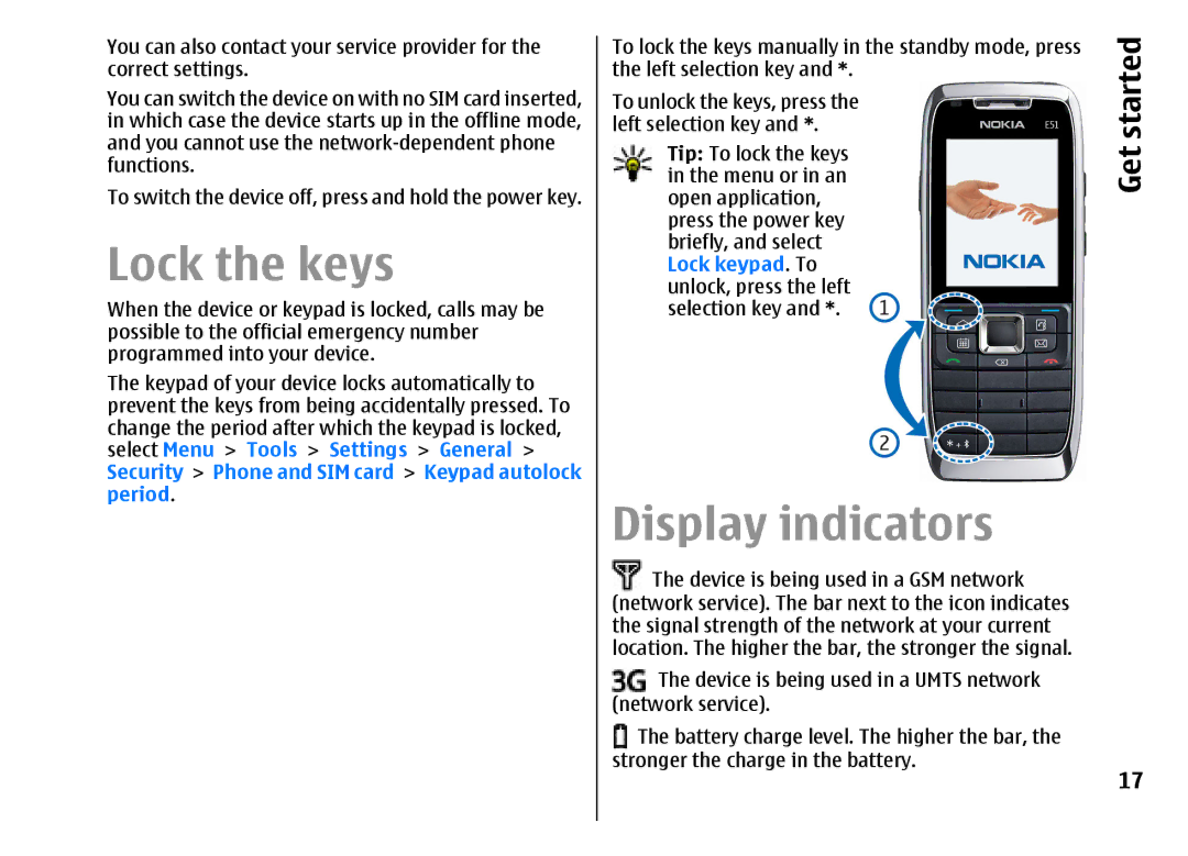 Nokia E51 manual Lock the keys, Display indicators, Lock keypad. To 