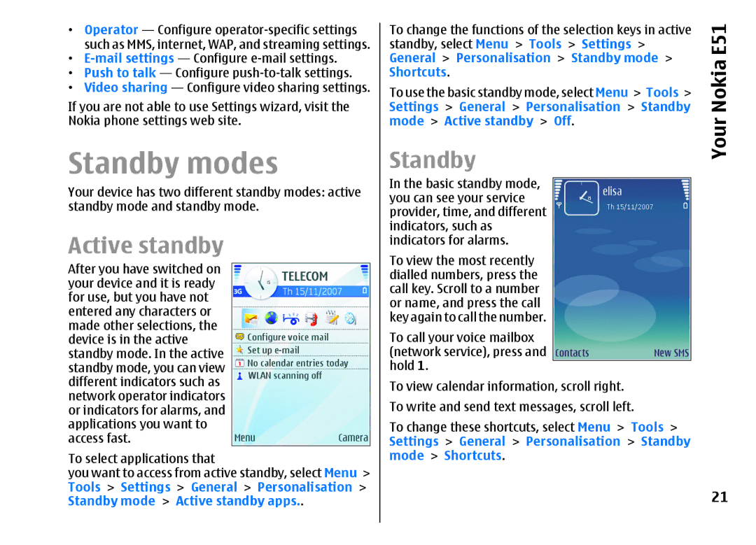 Nokia E51 manual Standby modes, Active standby, Nokia 