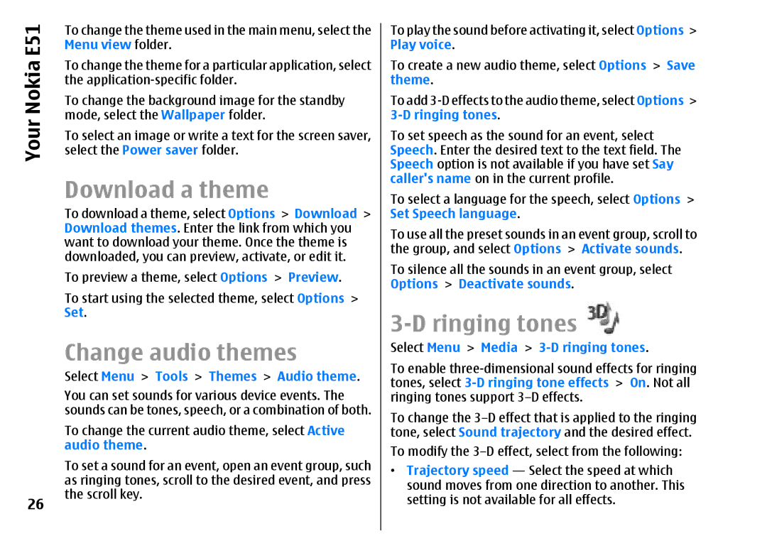 Nokia E51 manual Download a theme, Change audio themes, Ringing tones, Select Menu Media 3-D ringing tones 