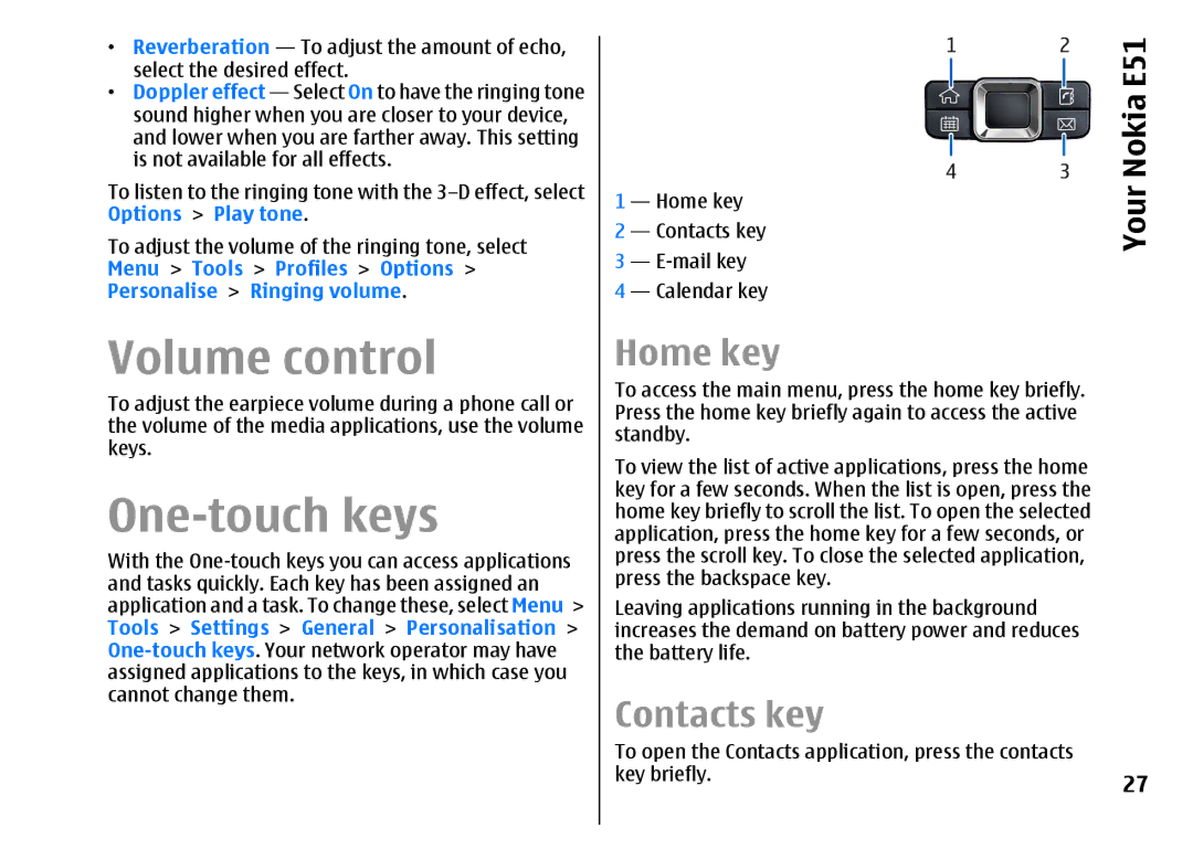 Nokia manual Volume control, One-touch keys, Home key, Contacts key, NokiaE51 