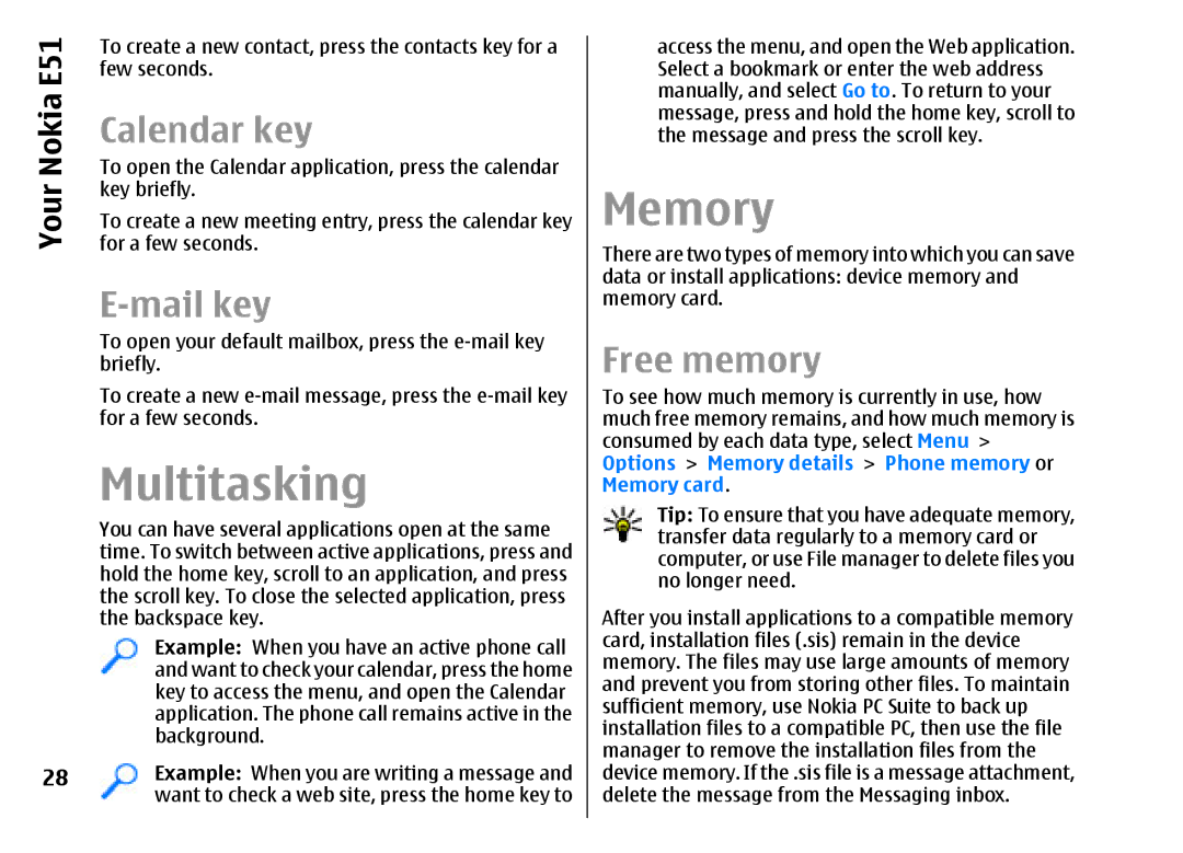 Nokia E51 manual Multitasking, Memory, Calendar key, Mail key, Free memory 