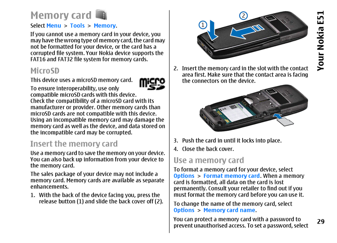 Nokia E51 manual Memory card, MicroSD, Insert the memory card, Use a memory card, Select Menu Tools Memory 