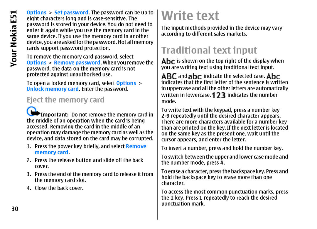 Nokia E51 manual Write text, Traditional text input, Eject the memory card 