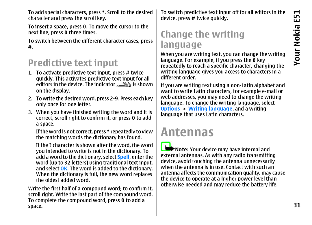 Nokia E51 manual Antennas, Predictive text input, Change the writing, Language, Options Writing language, and a writing 