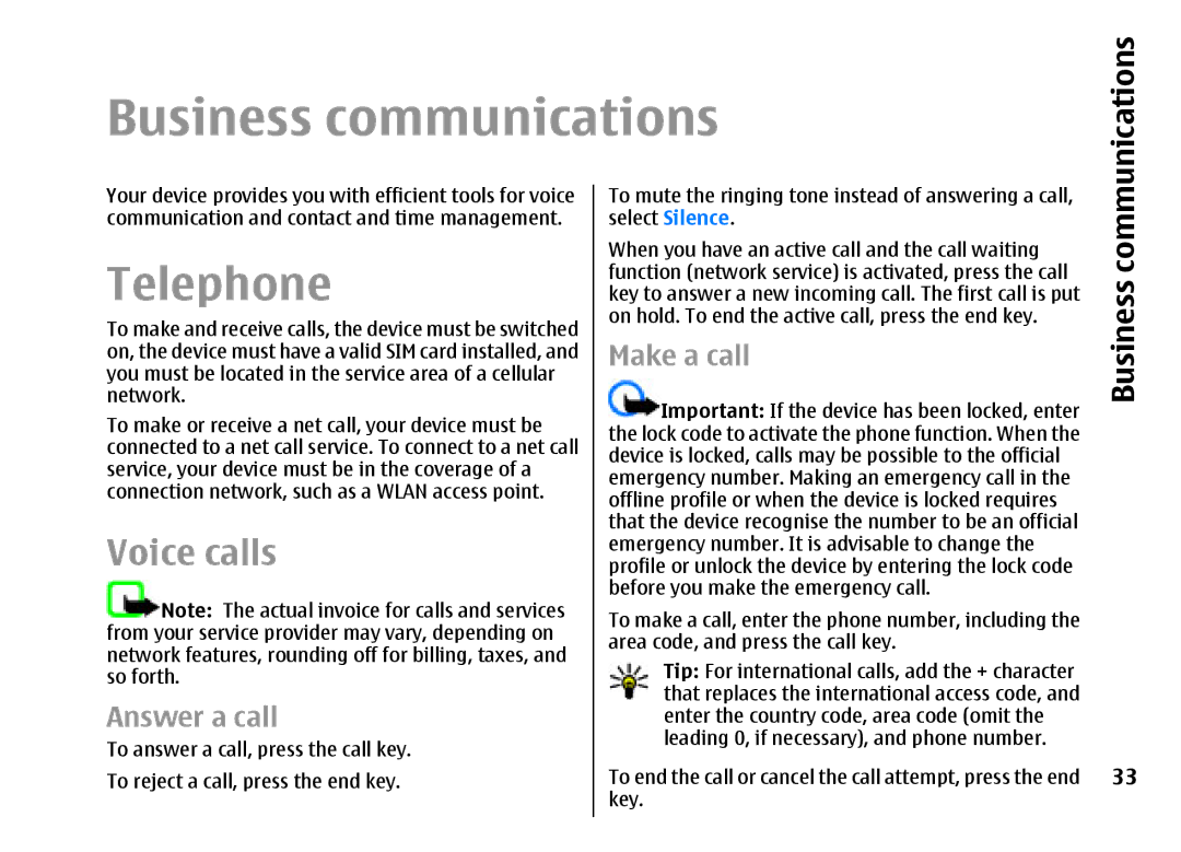 Nokia E51 manual Business communications, Telephone, Voice calls 