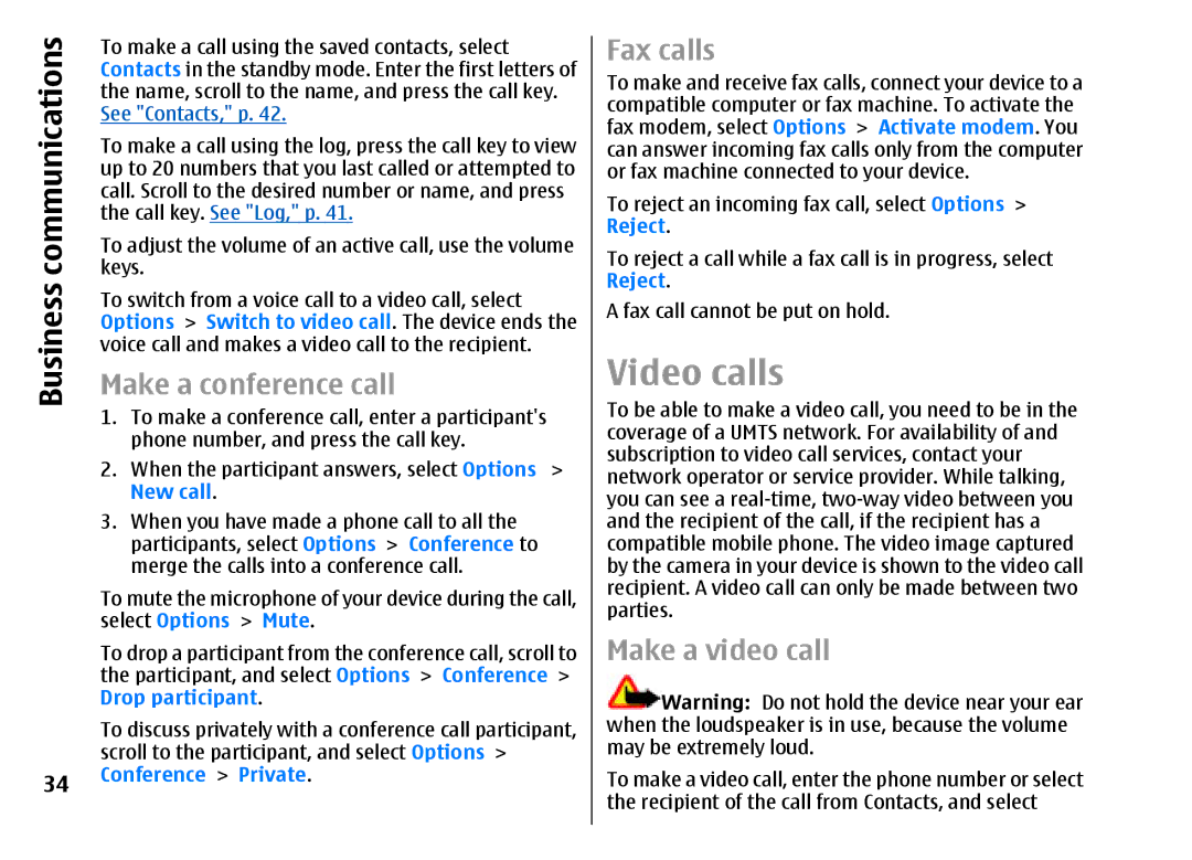 Nokia E51 manual Video calls, Business communications, Make a conference call, Fax calls, Make a video call 