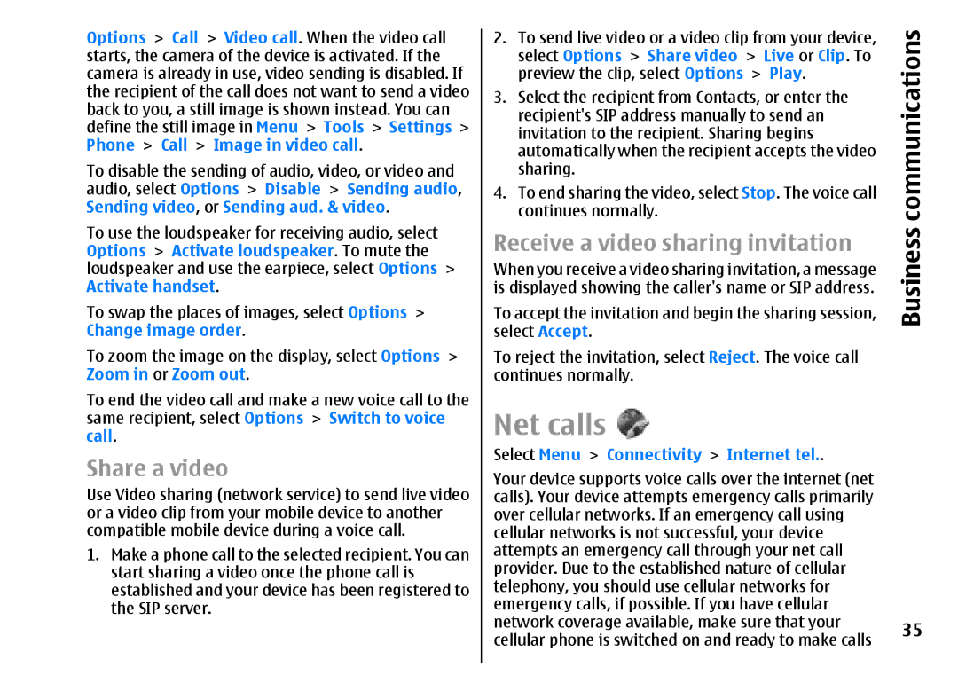 Nokia E51 manual Net calls, Share a video, Receive a video sharing invitation 