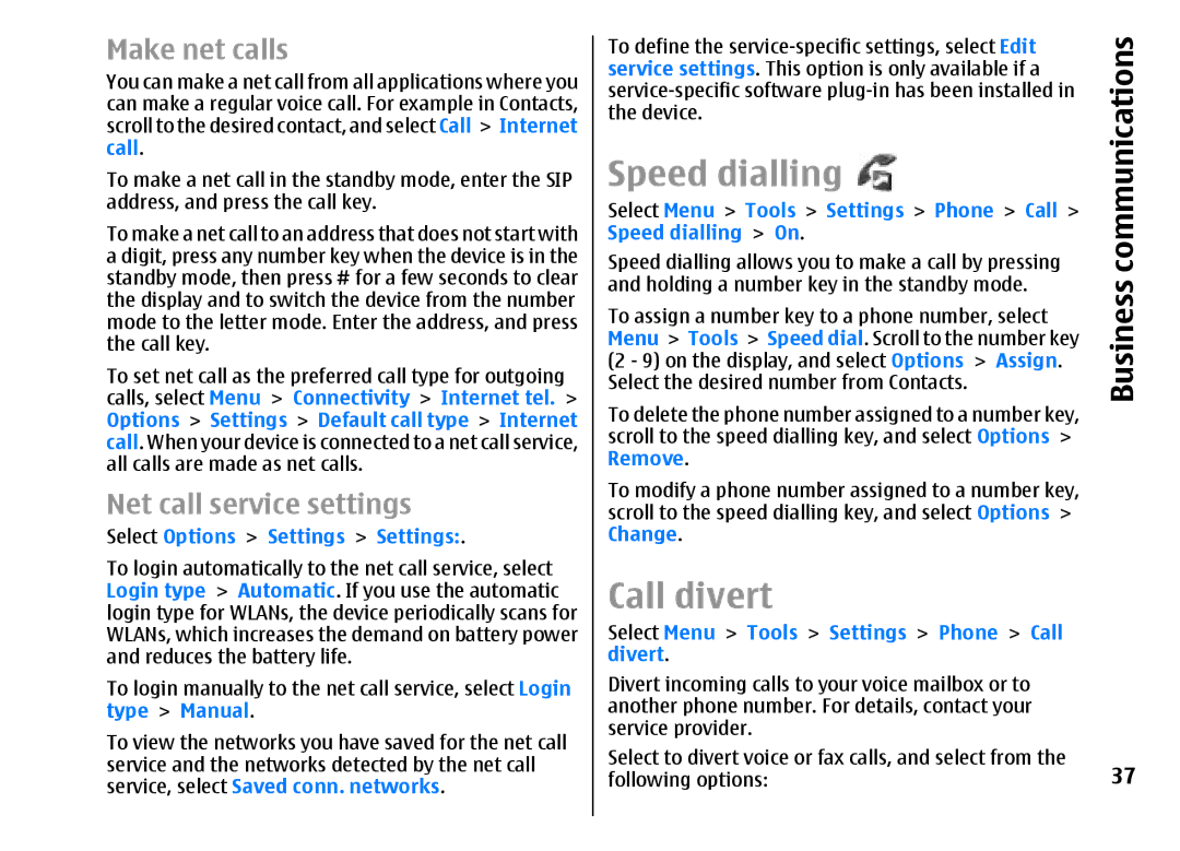 Nokia E51 manual Speed dialling, Call divert, Make net calls, Net call service settings 
