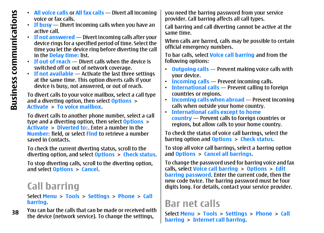 Nokia E51 manual Bar net calls, Select Menu Tools Settings Phone Call barring 