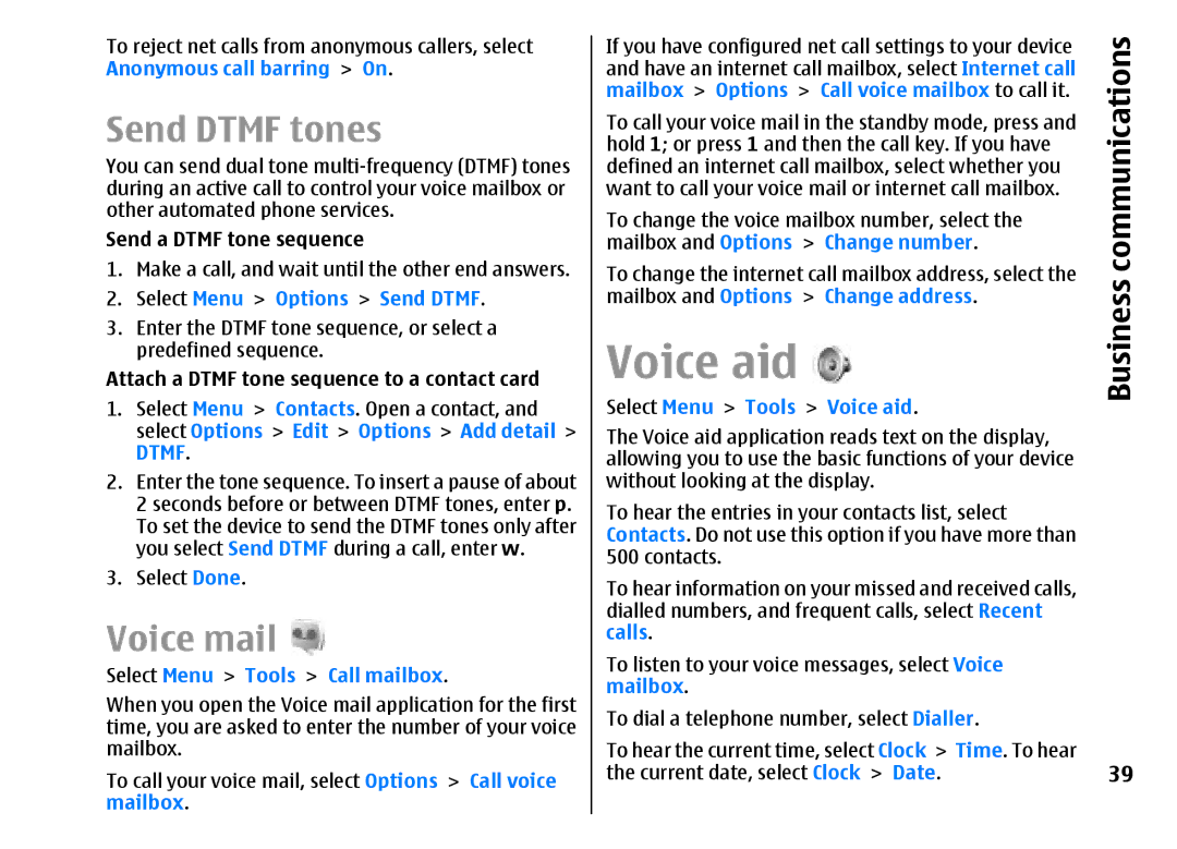 Nokia E51 manual Voice aid, Send Dtmf tones, Voice mail 