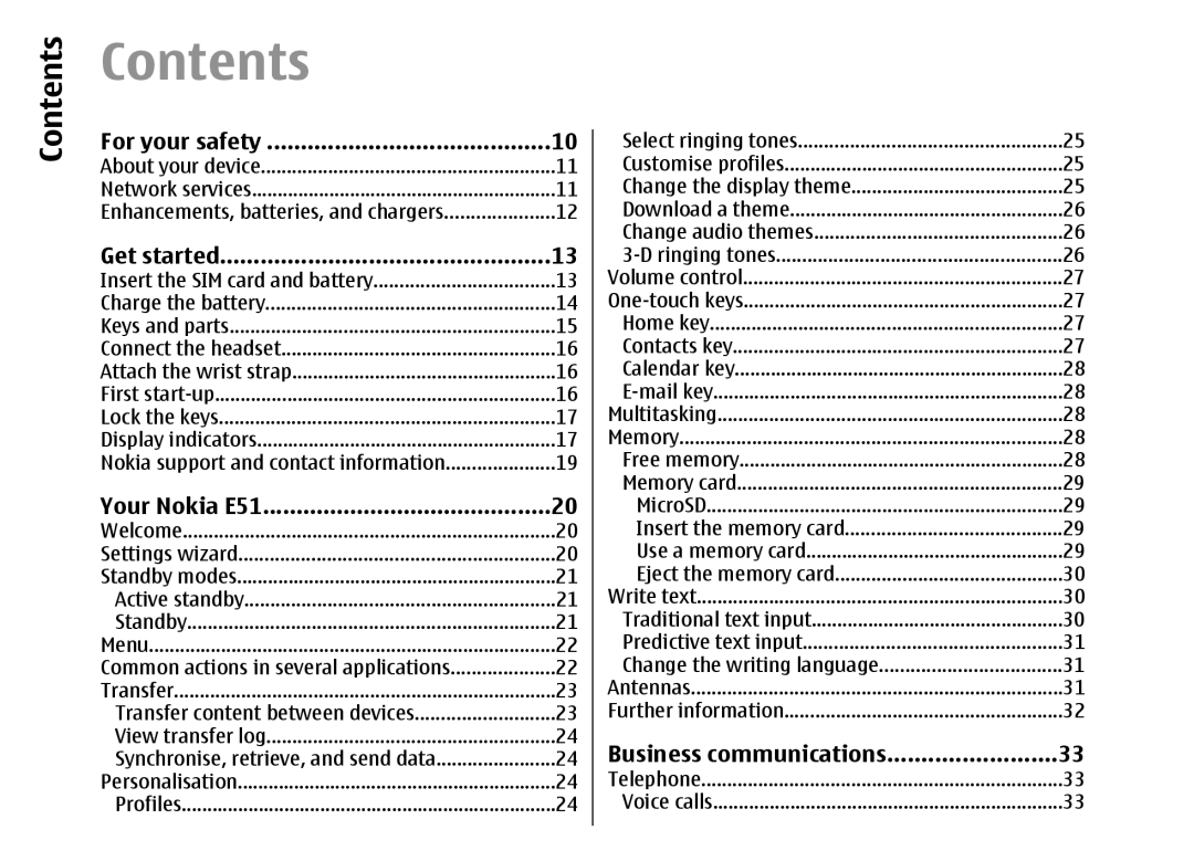 Nokia E51 manual Contents 