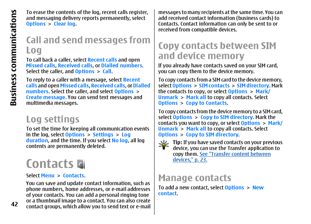 Nokia E51 manual Contacts, Log settings, Copy contacts between SIM and device memory, Manage contacts 