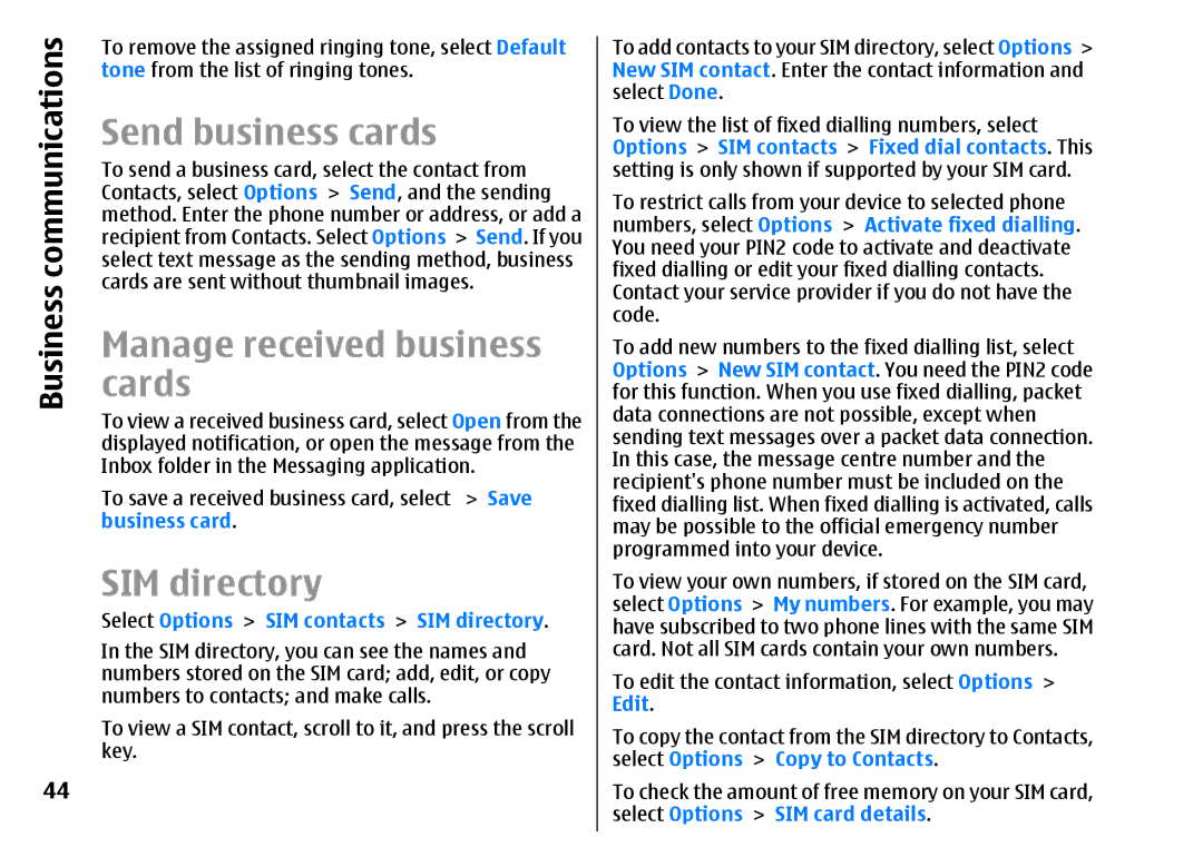 Nokia E51 manual Send business cards, Manage received business cards, SIM directory 