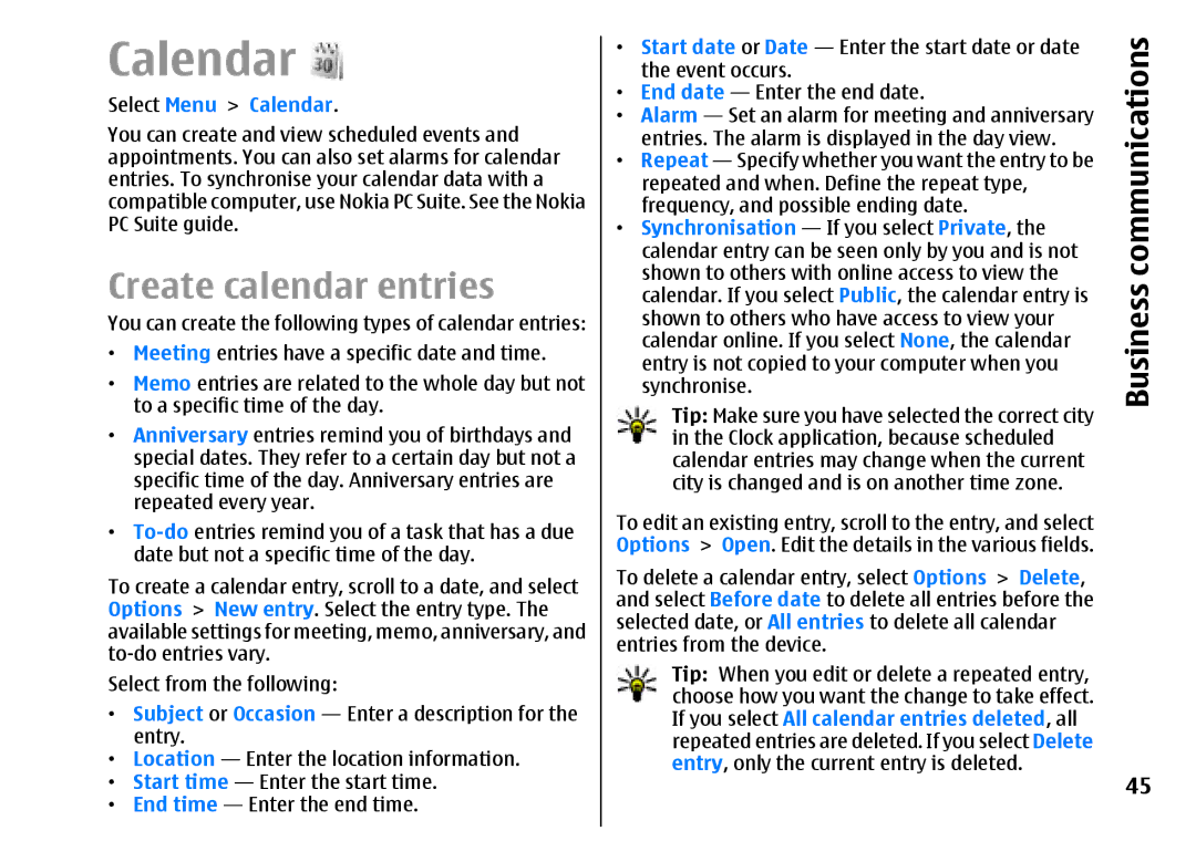 Nokia E51 manual Create calendar entries, Select Menu Calendar 