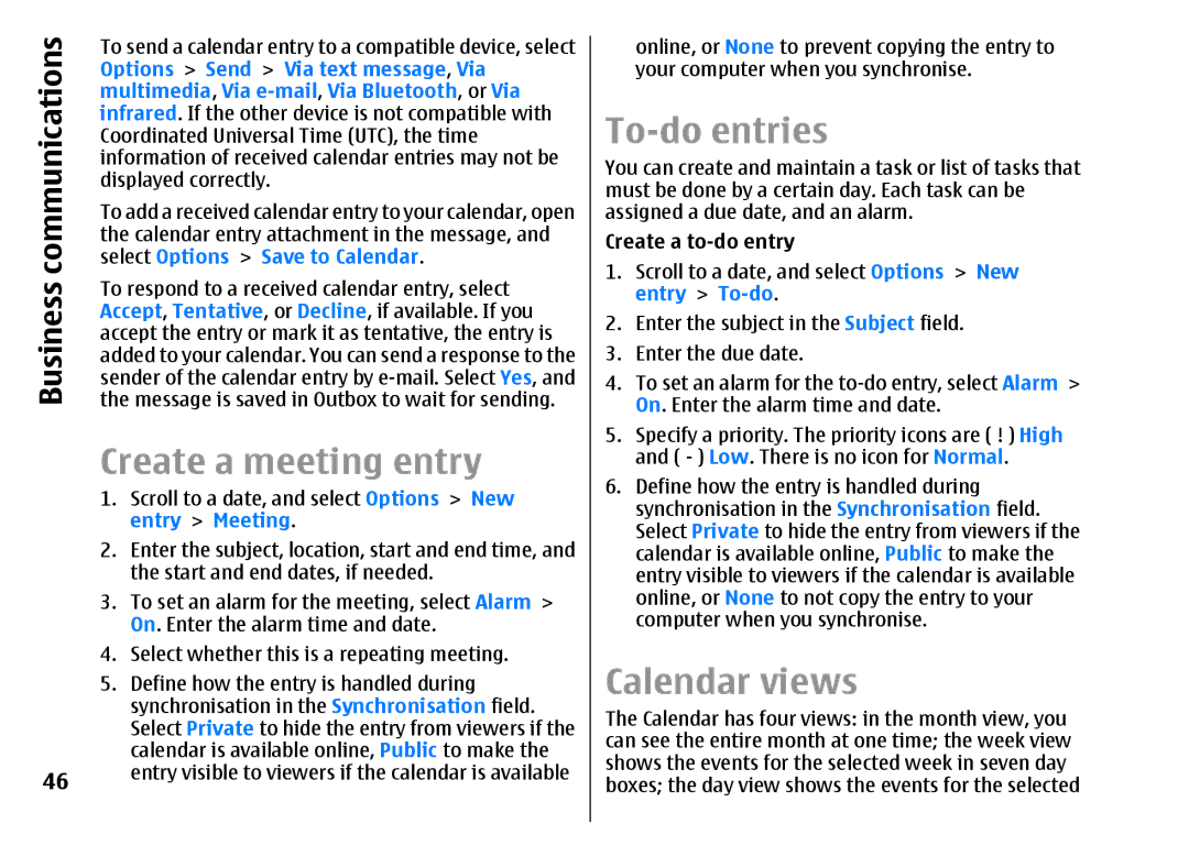 Nokia E51 manual Create a meeting entry, To-do entries, Calendar views, Create a to-do entry 