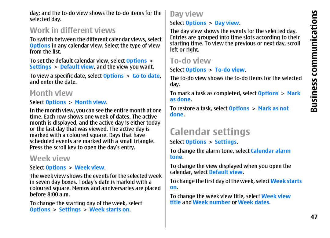 Nokia E51 manual Calendar settings 