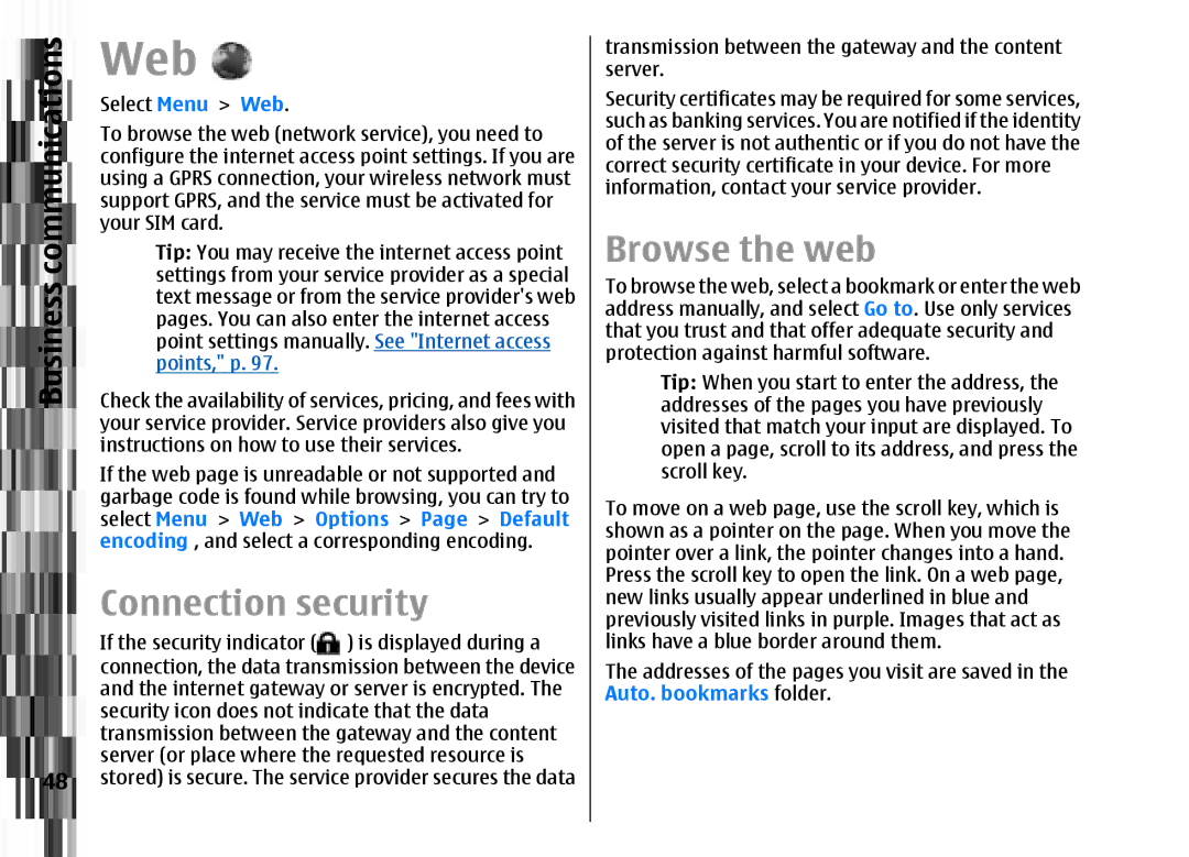 Nokia E51 manual Web, Connection security, Browse the web 
