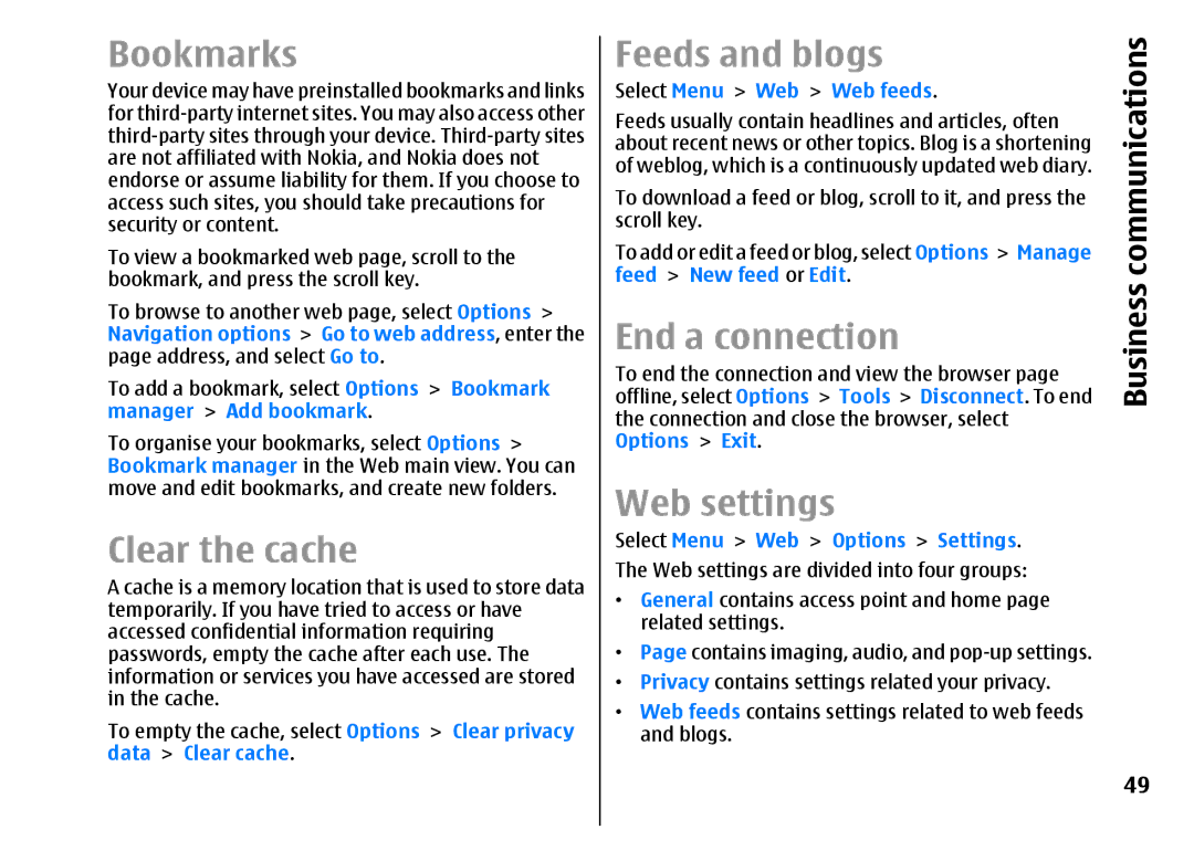 Nokia E51 manual Bookmarks, Clear the cache, Feeds and blogs, End a connection, Web settings 