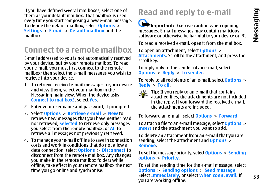 Nokia E51 manual Connect to a remote mailbox, Read and reply to e-mail 