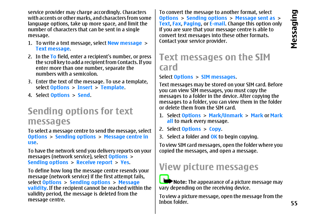 Nokia E51 manual Sending options for text messages, Text messages on the SIM card, View picture messages 