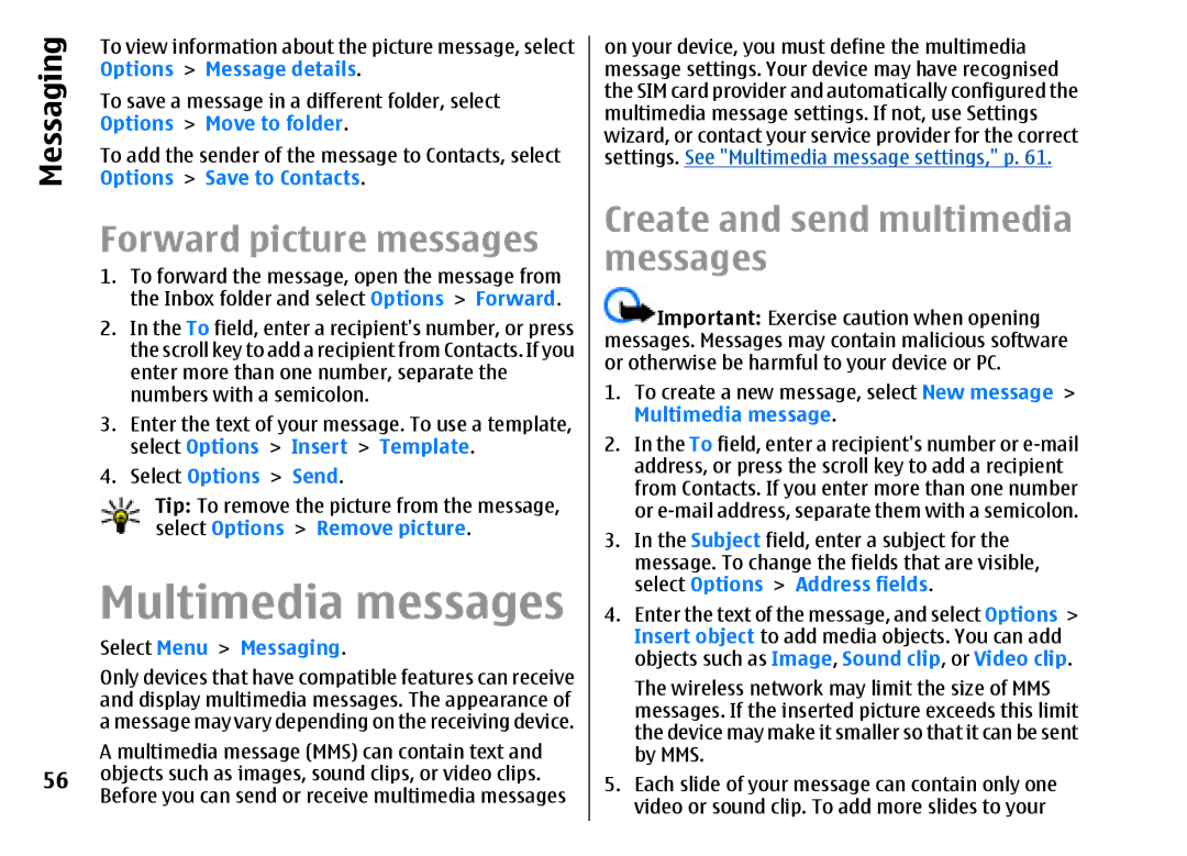 Nokia E51 manual Multimedia messages, Forward picture messages 