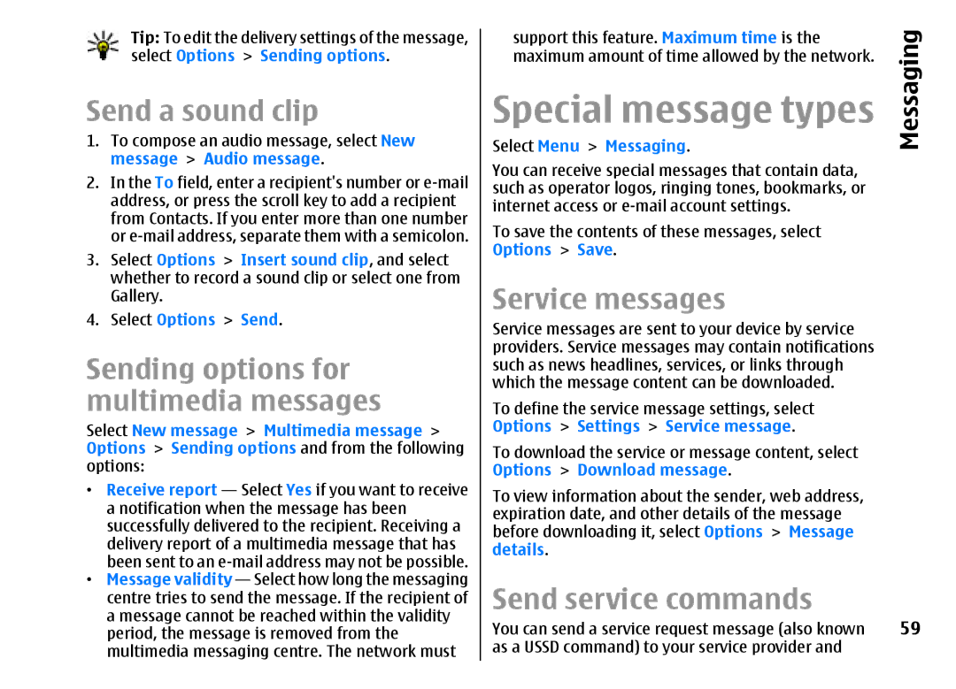 Nokia E51 manual Send a sound clip, Service messages, Send service commands 