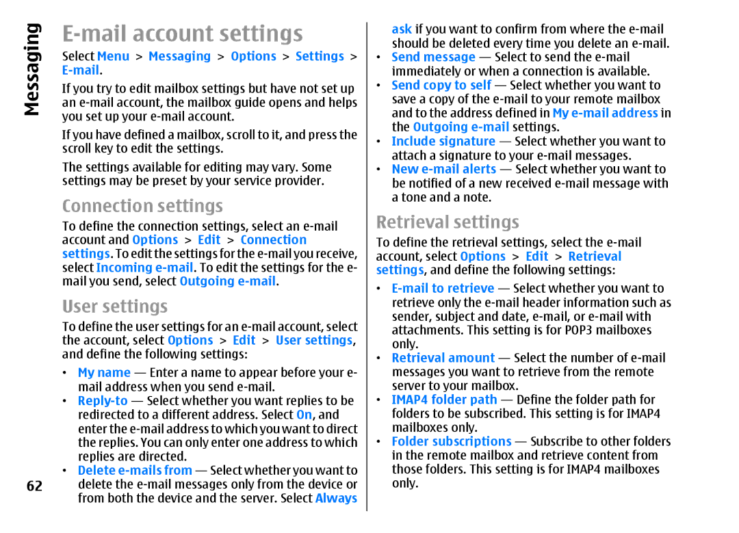 Nokia E51 manual Mail account settings, Connection settings, User settings, Retrieval settings 