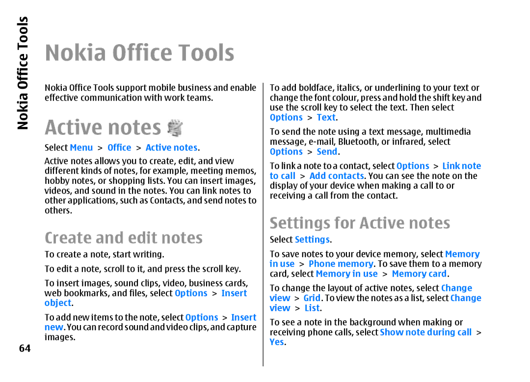 Nokia E51 manual Nokia Office Tools, Create and edit notes, Settings for Active notes 