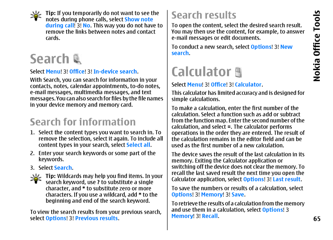 Nokia E51 manual Calculator, Search for information, Search results 