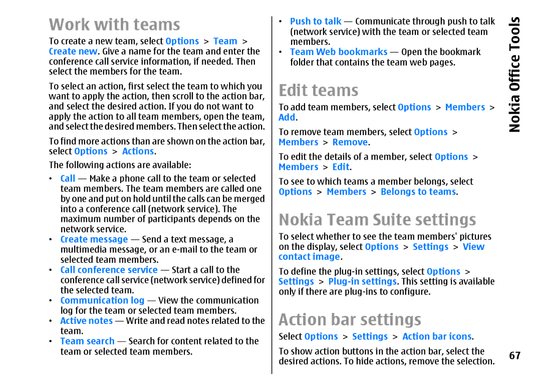 Nokia E51 manual Work with teams, Edit teams, Nokia Team Suite settings, Action bar settings 