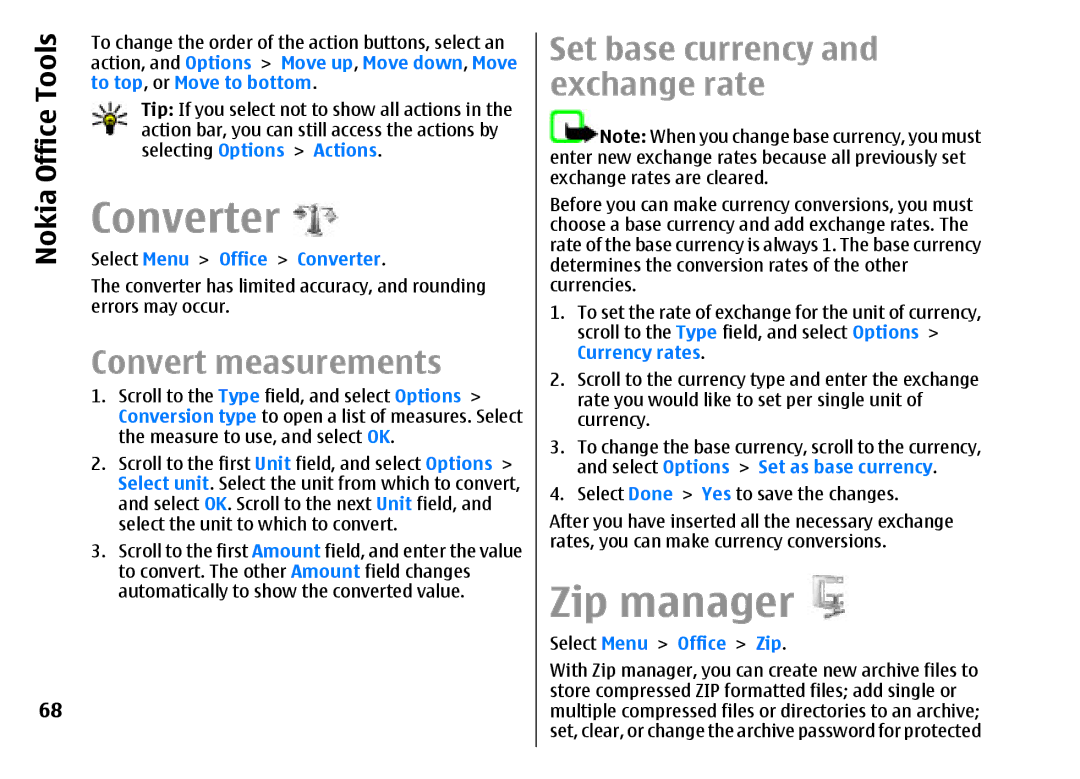 Nokia E51 manual Converter, Zip manager, Convert measurements, Set base currency and exchange rate 