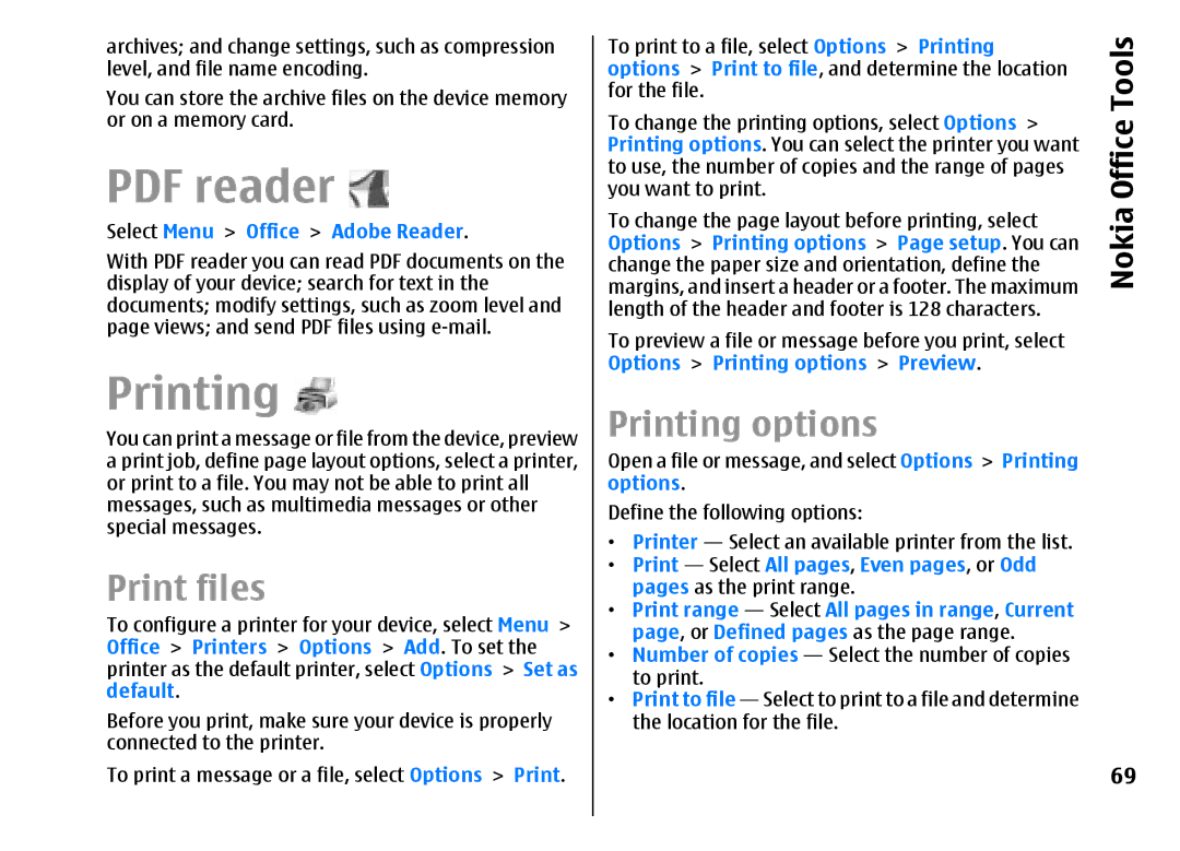 Nokia E51 manual Print files, Printing options 